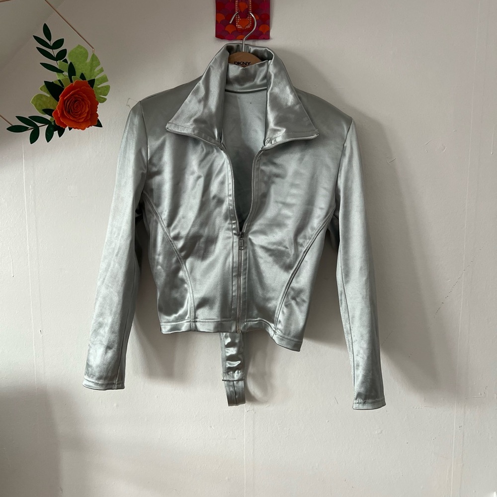 VTG 90s OOAK Ice Blue 3 Pc Suit Bodysuit Jacket Shorts roller ice skating S/M